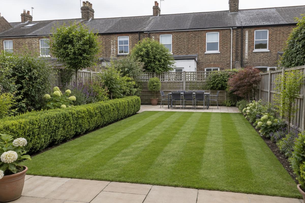 Freshly cut striped lawn in a British garden