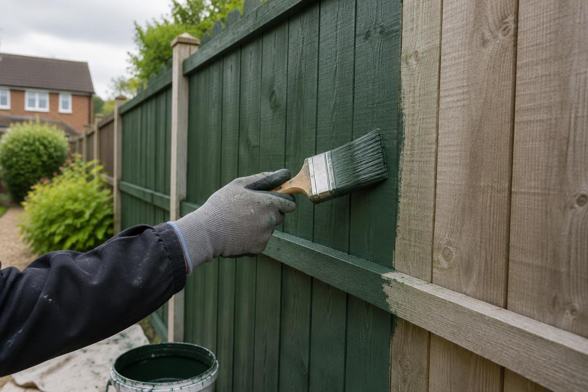 Timber garden fence being painted dark green