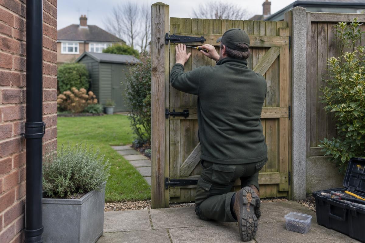 A timber garden gate being carefully maintained